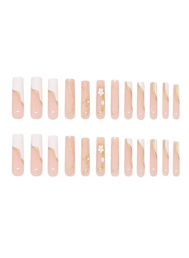 RikView Coffin Press on Nails Long Fake Nails with 3D Flowers Design Golden Nails Glossy Full Cover Nails for Women 24 PCs/Set - Image 5